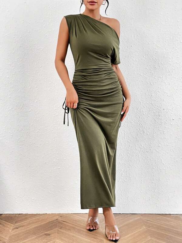 Off shoulder One shoulder Slim fit Pleated Maxi Dress Army Green - Shop at LoveMi
