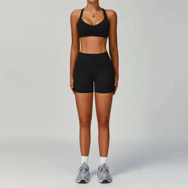 Women's Pure Color Tight Hollow out Beauty Back Sports Outdoor Running Outfit Shorts Suit Black - Shop at LoveMi