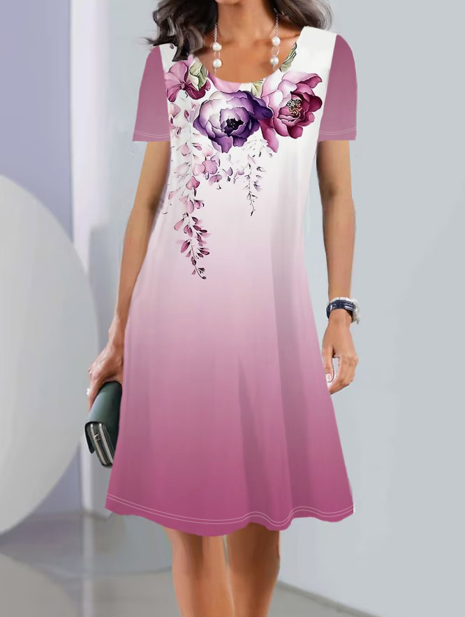 Spring And Summer Print Short Sleeve Round Neck Mid length Dress Element 3 L - Shop at LoveMi