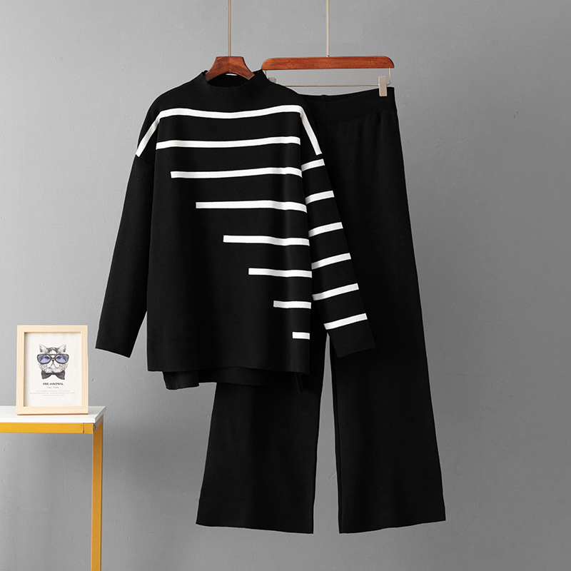 Striped Temperament Knitted Two-piece Turtleneck Sweater Loose Casual