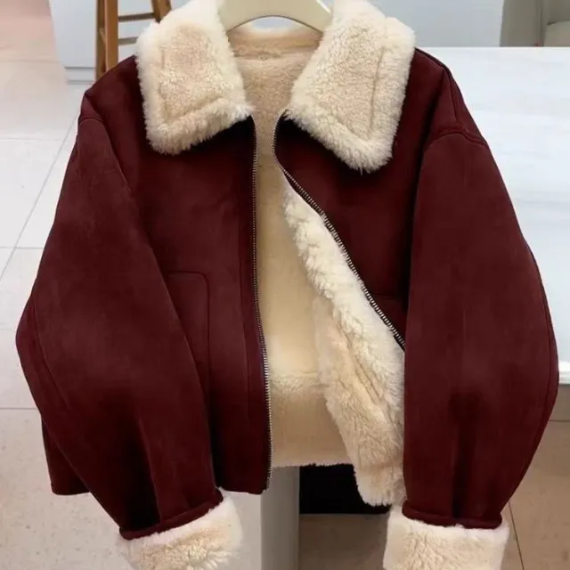 Autumn And Winter New Warm Thickened Imitation Lamb Wool Deerskin Velvet Leather Jacket Wine Red - Shop at LoveMi