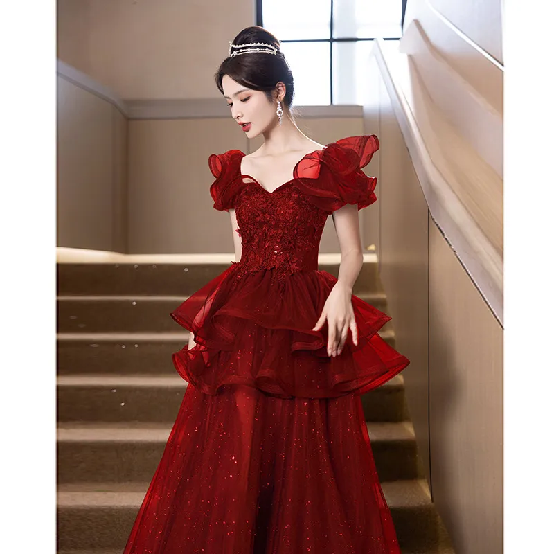 Evening Dress Women's Banquet Ceremony Exam Super Fairy Princess - Wine Red