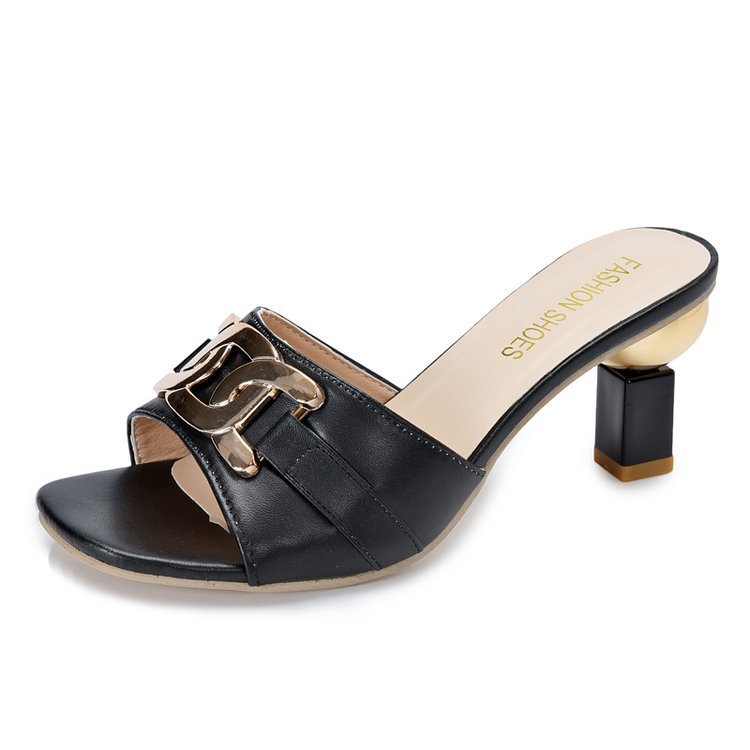 Womens Metal-buckle High-heeled Peep-toe Slippers
