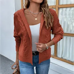 Women's Knitwear Solid Colour Hooded Cable-knit Sweater Women's Cardigan Jacket - Red - View 1