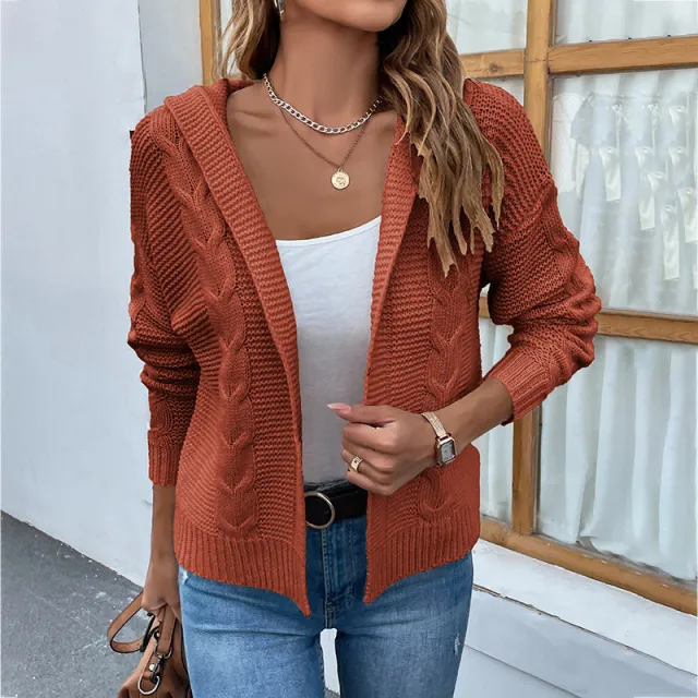 Women's Knitwear Solid Color Hooded Cable knit Sweater Women's Cardigan Jacket Brick Red - Shop at LoveMi