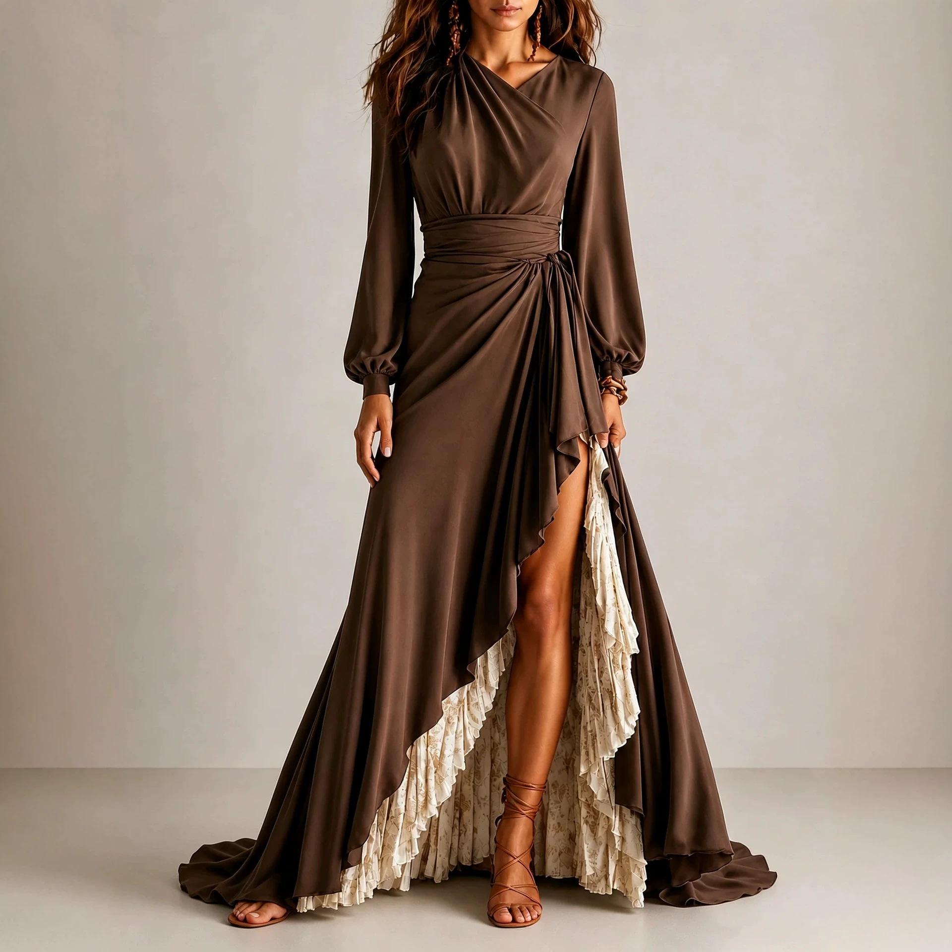 Womens Satin Cross-collar Long-sleeve Wrap Dress