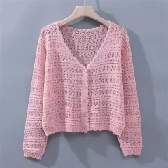 Loose Hollow Knitted Air Conditioning Shirt - Pink - View 1