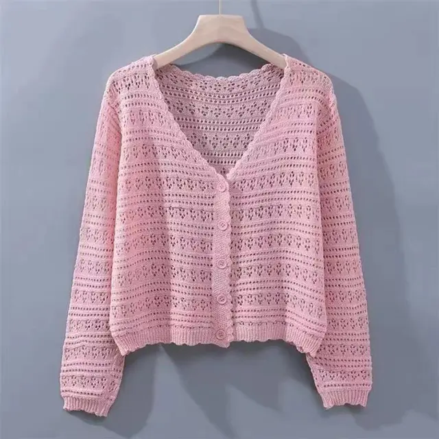 Loose Hollow Knitted Air Conditioning Shirt Pink - Shop at LoveMi