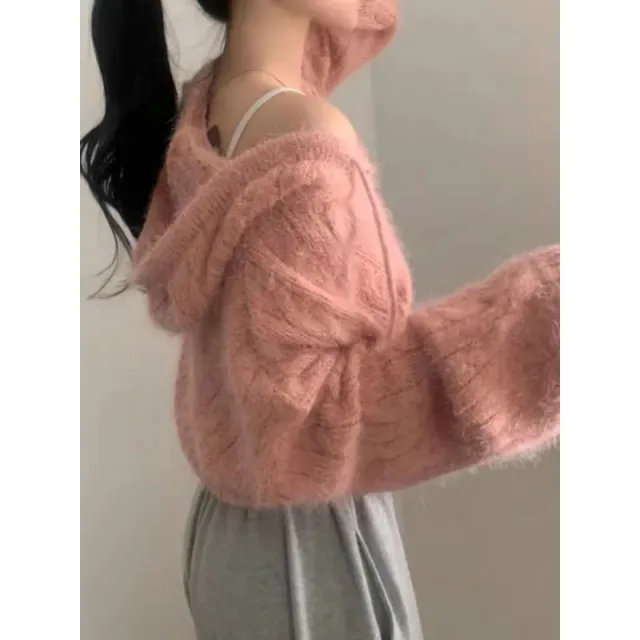 Soft Glutinous Niche Zipper Hooded Thickened Sweater Pink - Shop at LoveMi