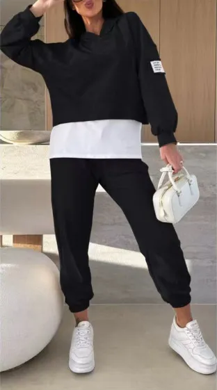 Spring And Autumn Women's Hooded Fashion Solid Color Casual Suit - Black