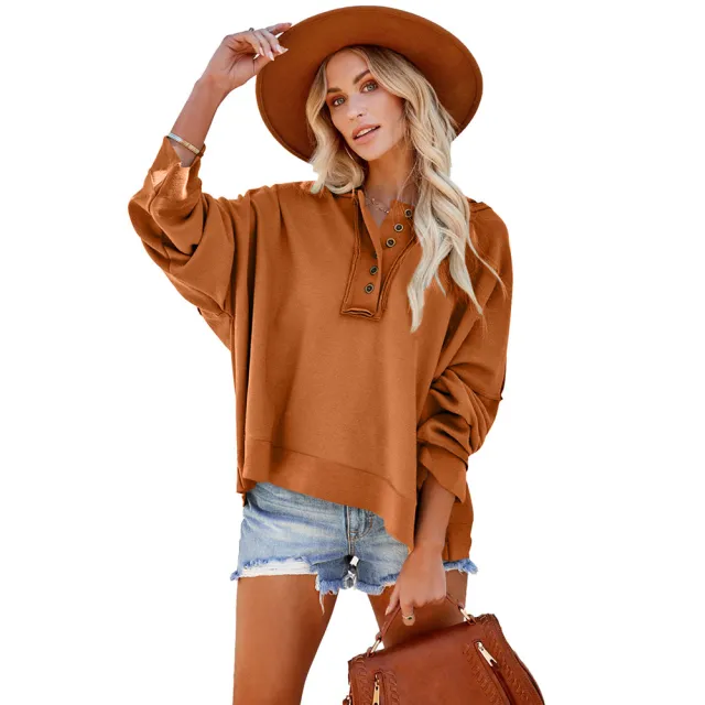 Leisure Loose Patchwork Drop shoulder Long sleeve Sweatshirt Women Winter Thicken Solid Color Hoodie Orange - Shop at LoveMi