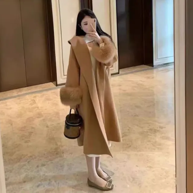 Double sided Mink Cashmere Large Lapel Long Coat Brown - Shop at LoveMi