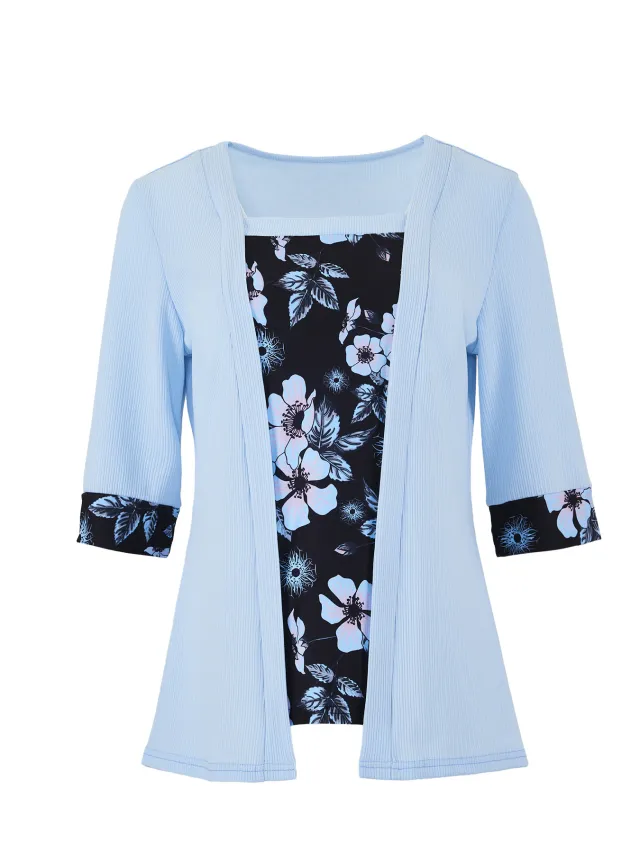 Women's Fake Two piece Five quarter Sleeve Printed Top T shirt Blue - Shop at LoveMi