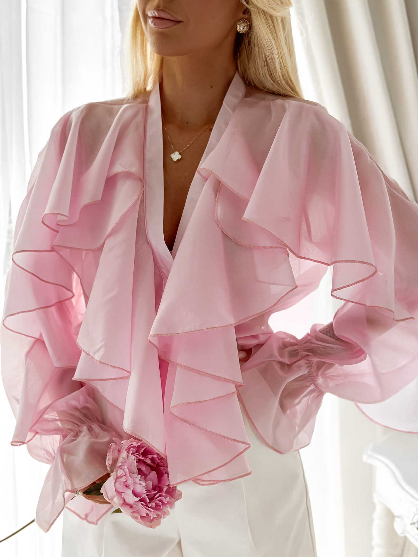 Ruffled Chiffon Blouse Womens Casual Top