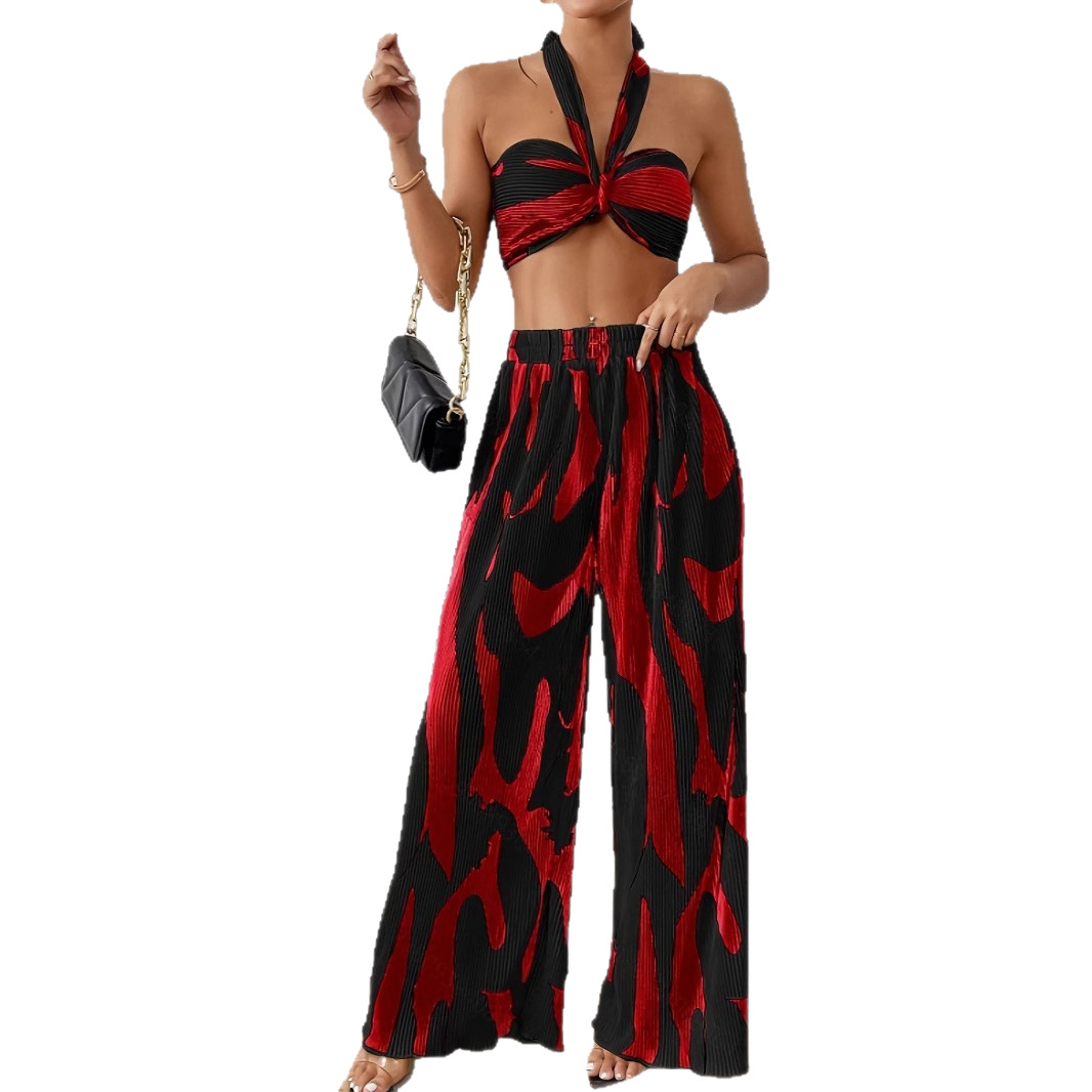 Halter Tube Top Flame Wide-leg Pants Suit