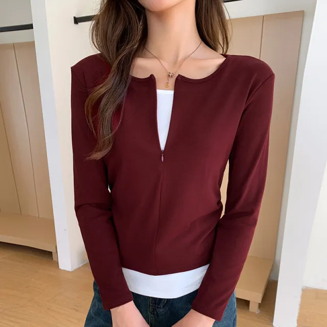 Women's Casual Pleated Bottoming Shirt Top Wine Red - Shop at LoveMi