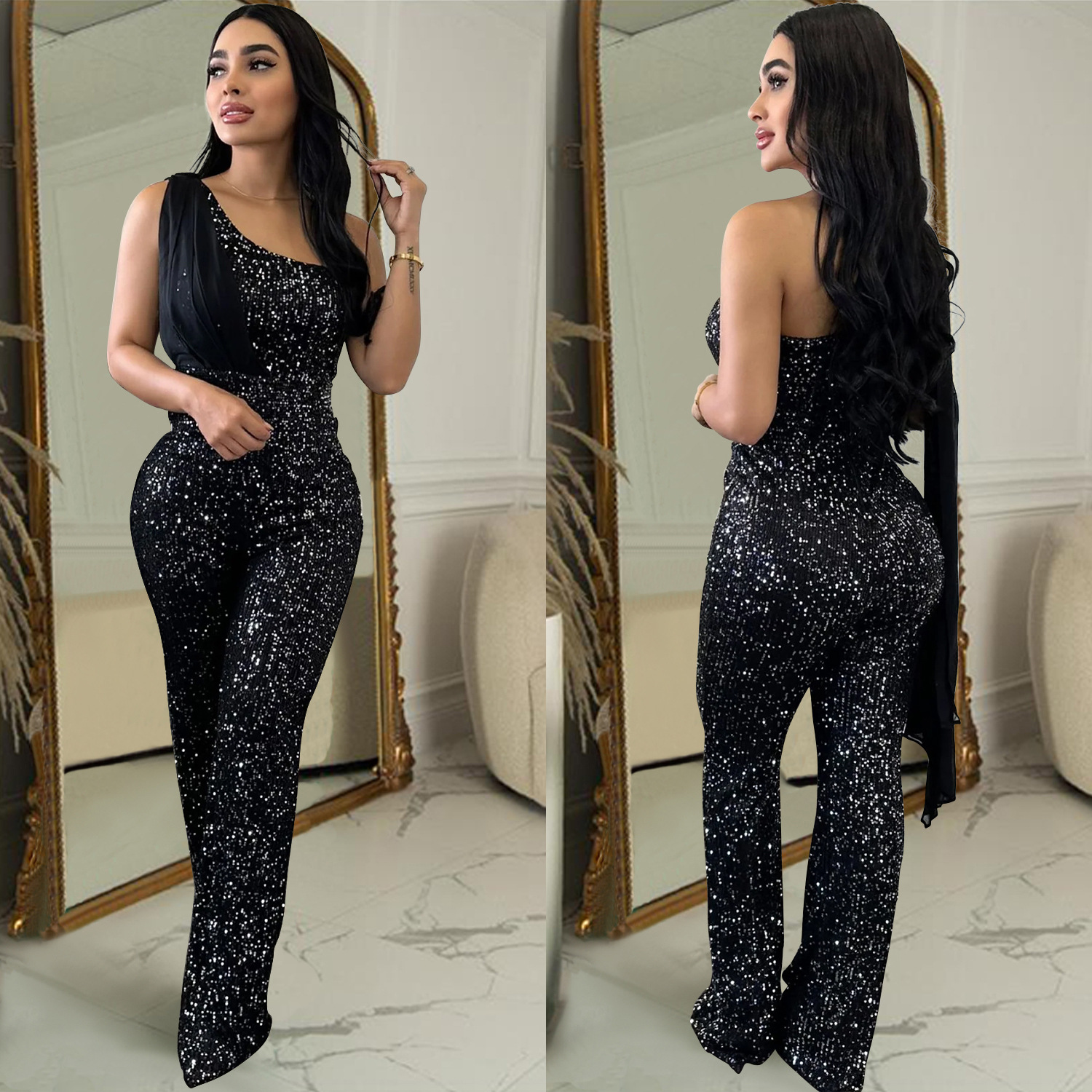 Women's Solid Color Sleeveless One-shoulder Sequined Trousers Jumpsuit - Image 1