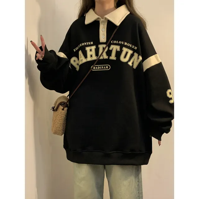 Fat American Retro Polo Collar Sweater Women's Autumn And Winter Velvet Padded Thickened Top Slimming Slim Fit Coat Plus Size Black - Shop at LoveMi