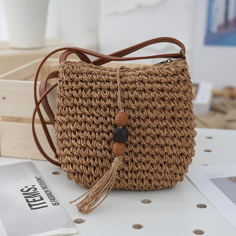 Womens Handmade Straw Beach Tassel Shoulder Bag In Ethnic Style