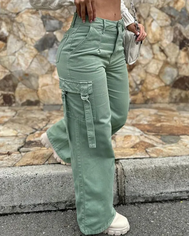 Women's Casual Patch Pocket Straight leg Overalls Army Green - Shop at LoveMi