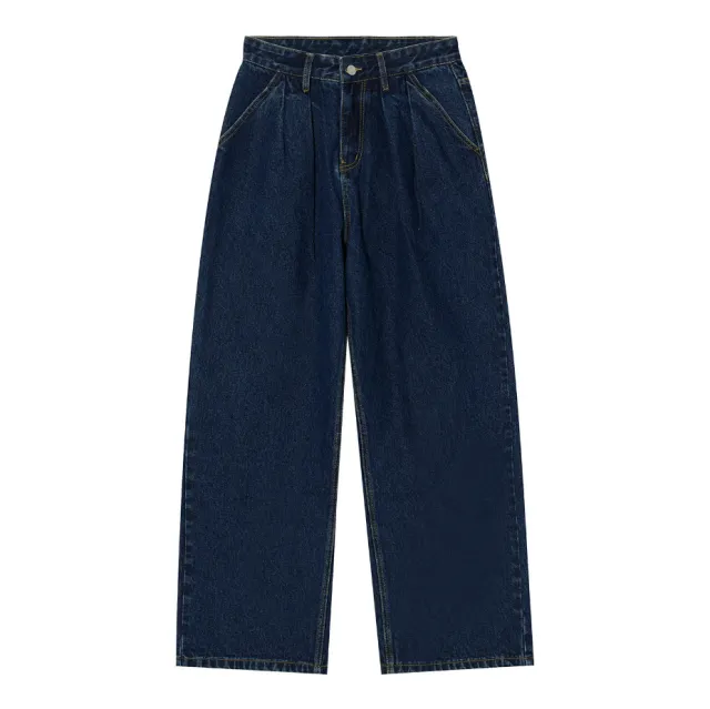 Mid waist Wide Leg Straight Solid Color Jeans For Men Dark Blue - Shop at LoveMi