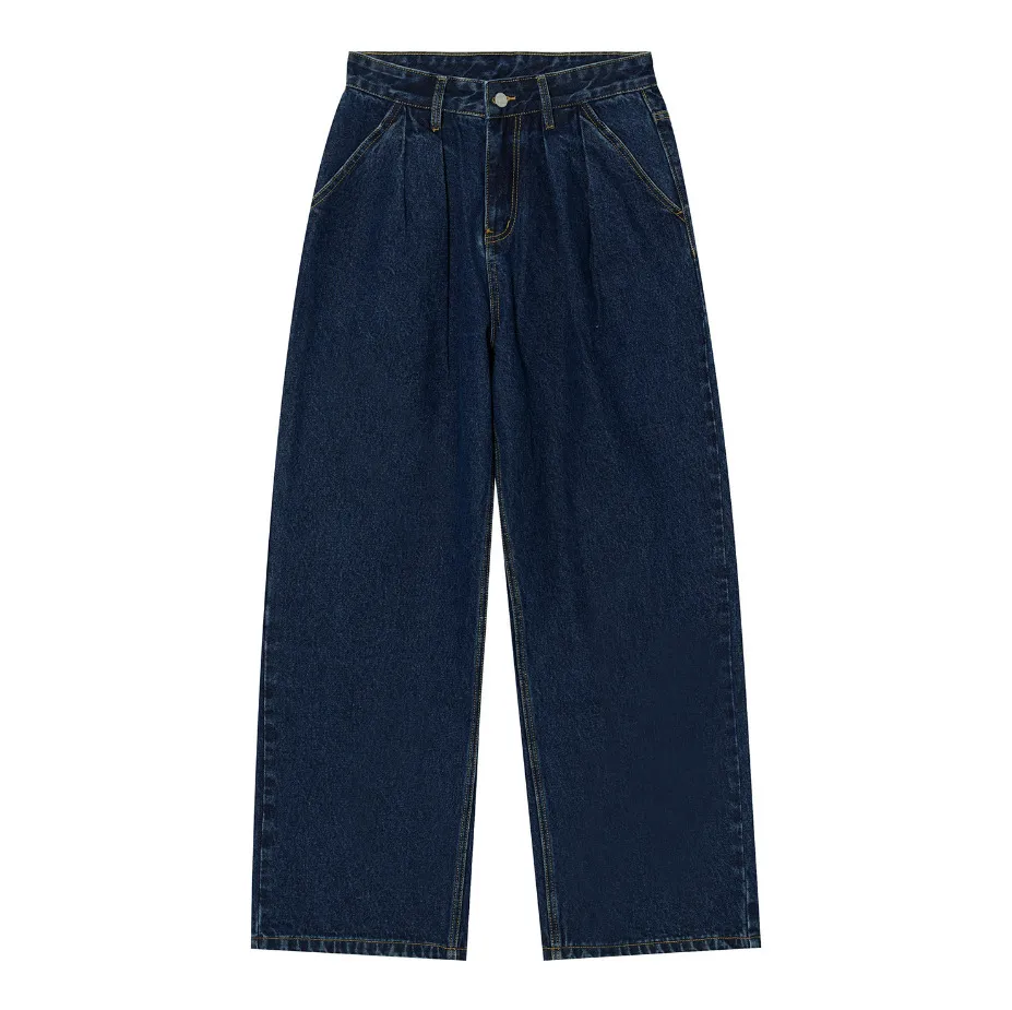 Mid-waist Wide Leg Straight Solid Colour Jeans For Men - Dark Blue