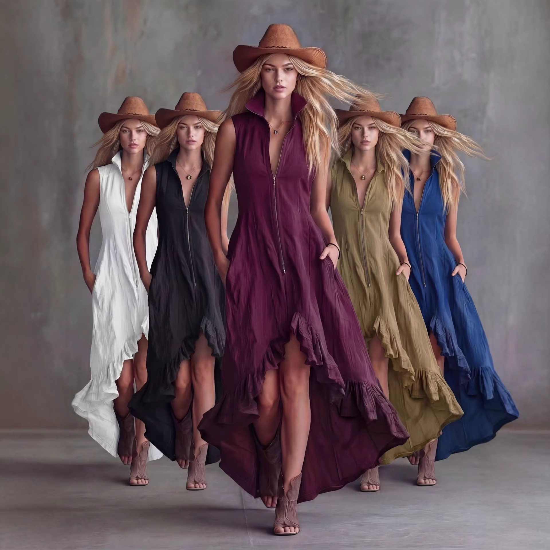 Casual Lapel Collar Front Zipper Ruffled Hem Dress