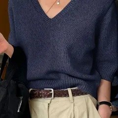 Women's Pure Colour All-matching Elegant V-neck Knitted Sweater - Navy Blue - View 1