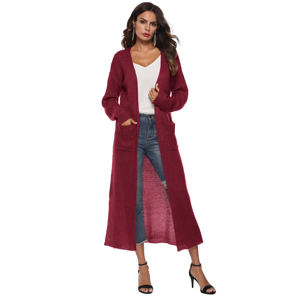 Autumn And Winter New Europe And America Cross Border Women's Long-sleeved Sweater Solid Color Cardigan Dress Split Dress Female A8019 - Wine Red