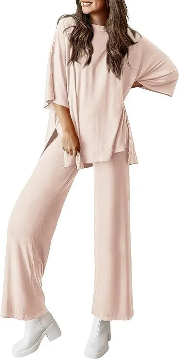Casual Short sleeved Pullover Top Wide leg Pants Casual Suit Beige - Shop at LoveMi