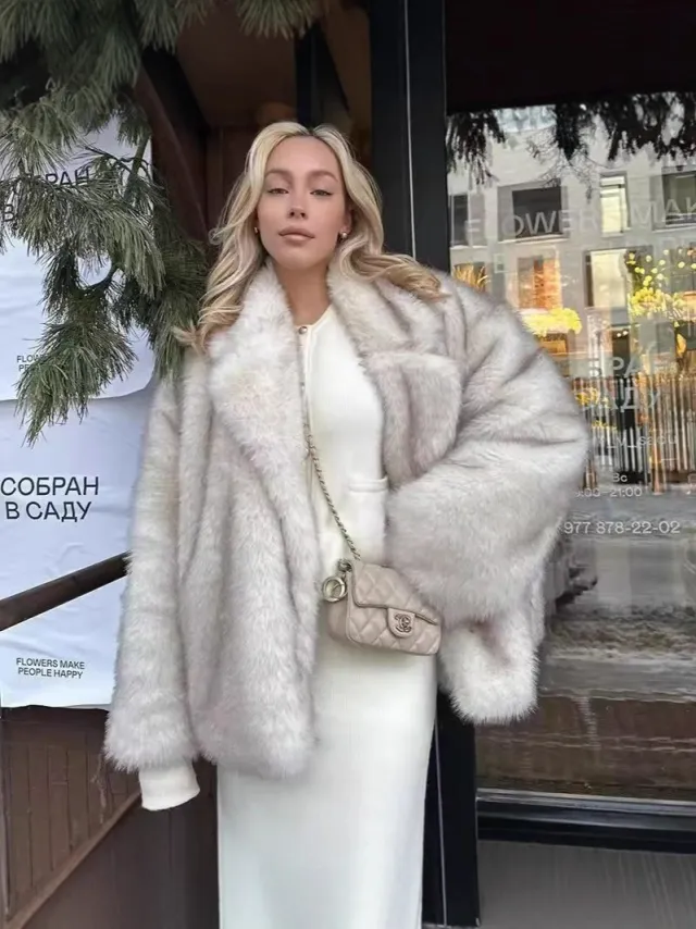 Mid Length Womens Faux Fox Fur Coat With A Blazer Style Collar Black - Shop at LoveMi