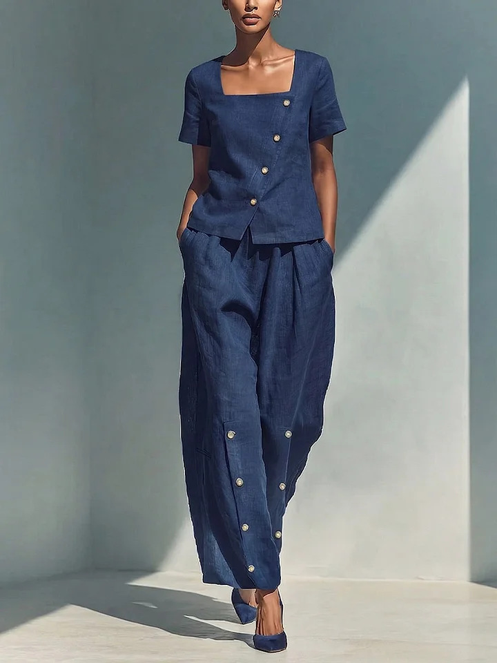 Women's High-Waist Pants Set in Dark Blue – Editorial Fashion Shot