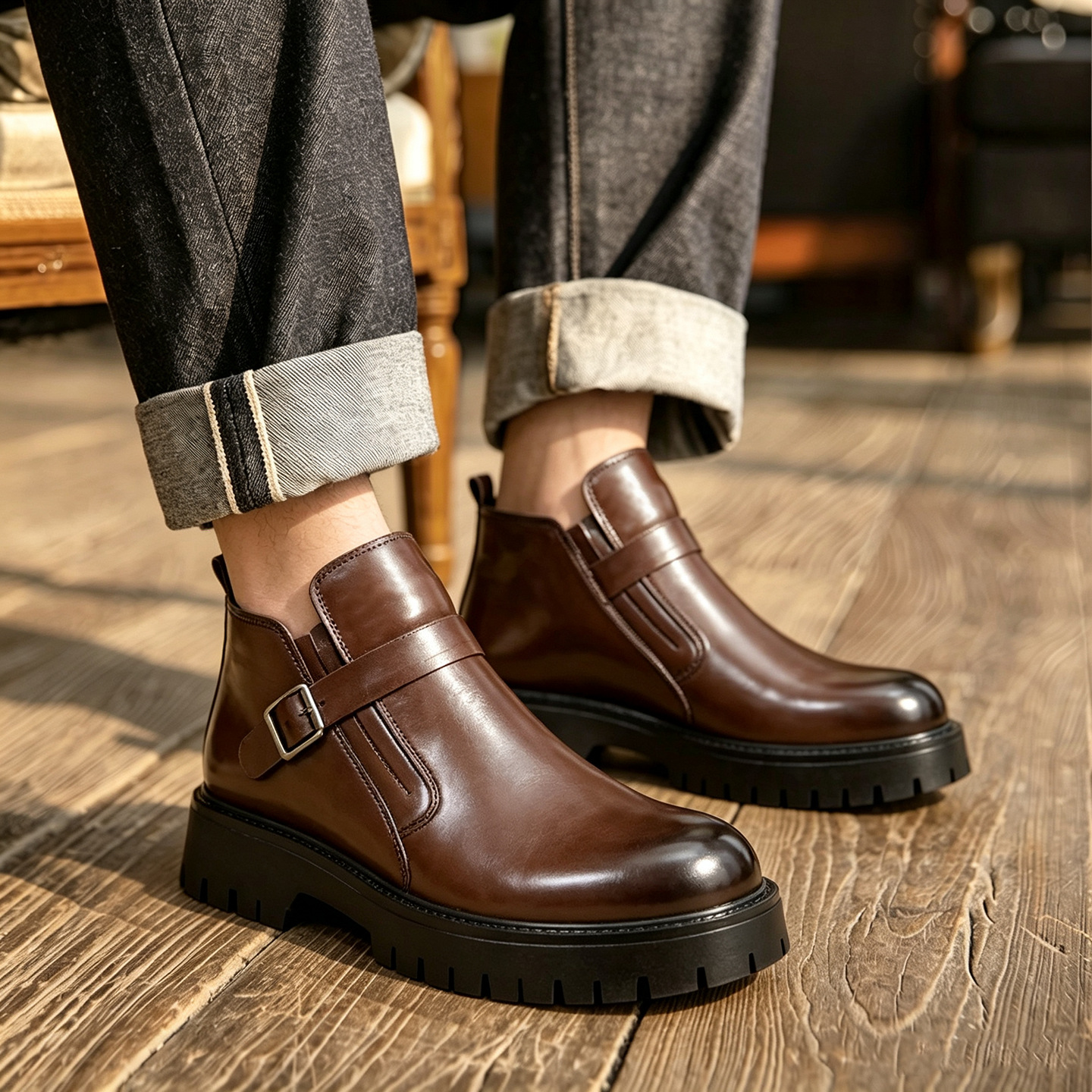 Men's Fashionable Chunky-heeled Platform Ankle Boots