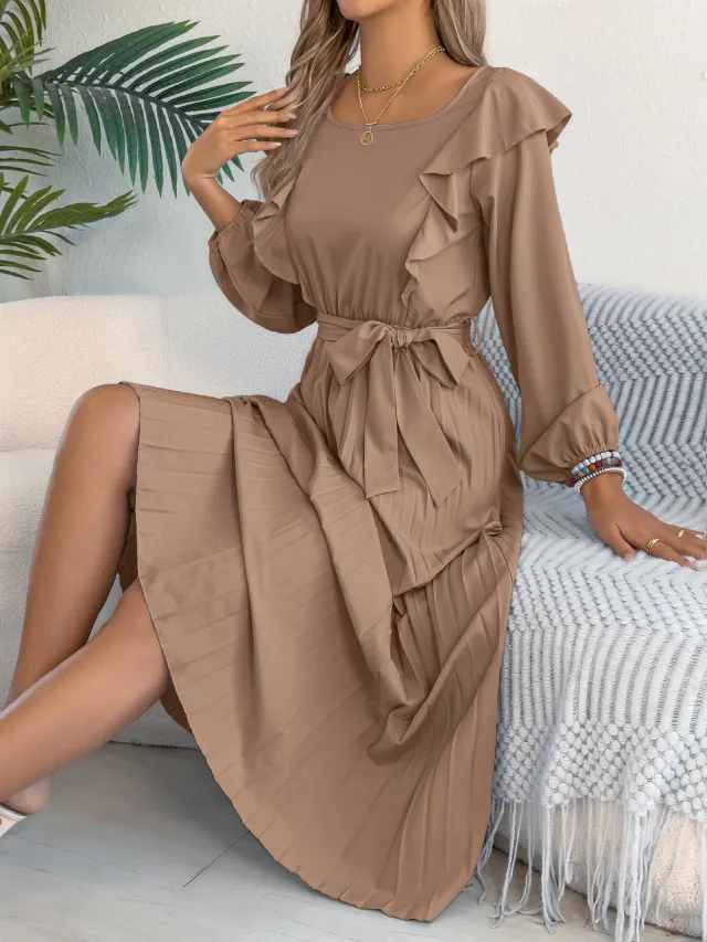Elegant Ruffled Square neck Long sleeved Waist pleated Dress Khaki - Shop at LoveMi