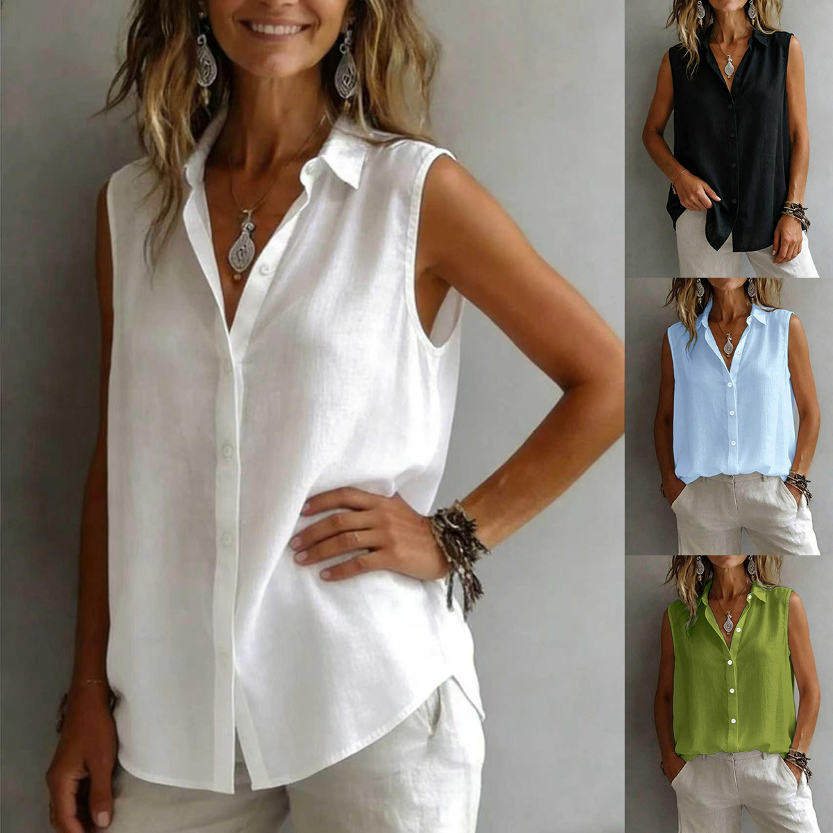 Women's Solid Color Casual Lapel Sleeveless Shirt