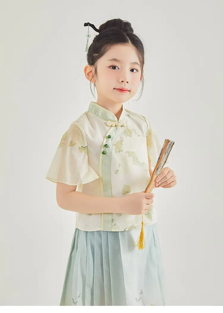 Girls Chinese Style Traditional Short Sleeve Horse-face Skirt Kids Clothes Two-piece Suit