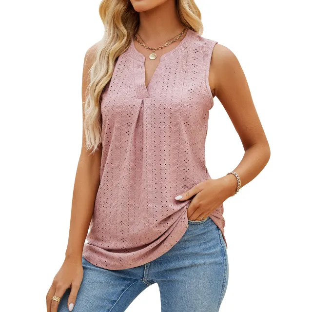 Solid Color Hole V neck Slim Vest For Women Pink - Shop at LoveMi