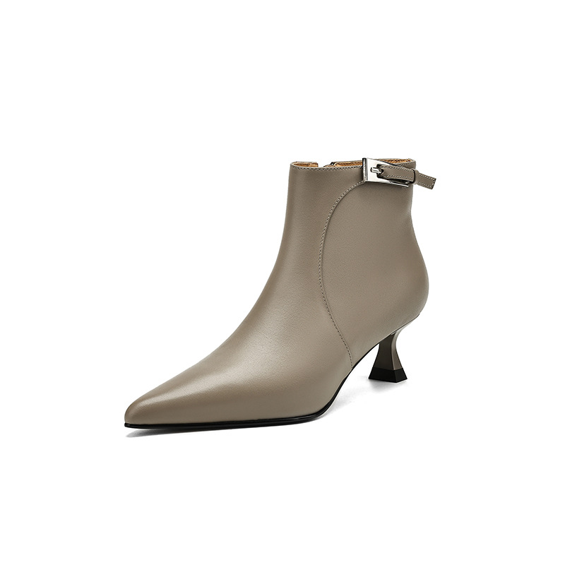 Womens Stylish Leather Pointed-Toe High-Heel Ankle Boots With Buckle Strap And Side Zipper