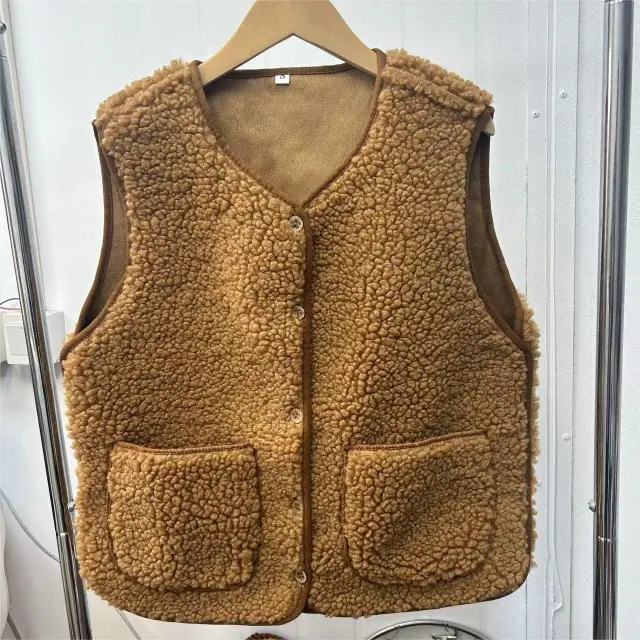 Lamb Wool Vest Women's Short Fur Vest Particle Plush Waistcoat Jacket Maillard Color Xl - Shop at LoveMi
