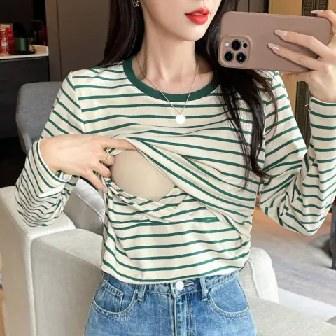 Striped Nursing Shirt Spring and Autumn Long Sleeve Clothes