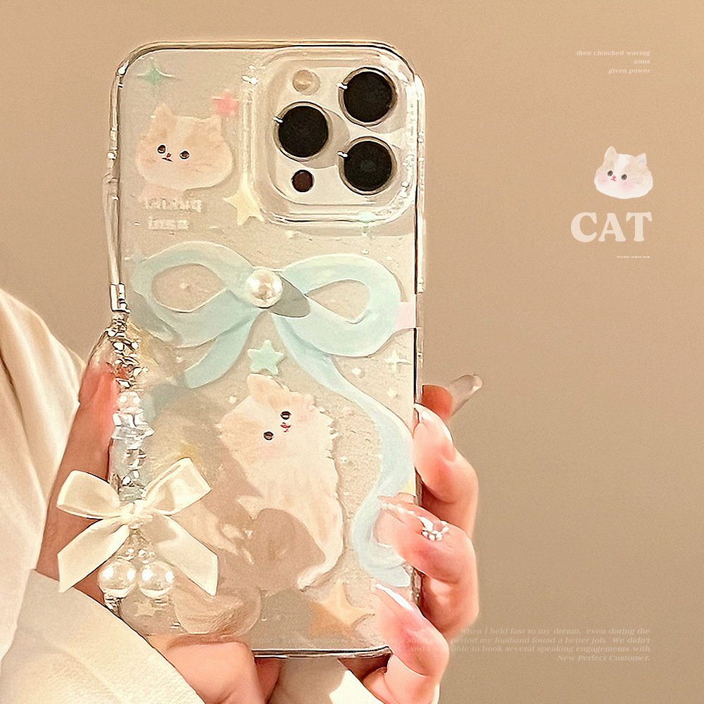 Glitter Phone Case With Bow And Cat Charm Lanyard