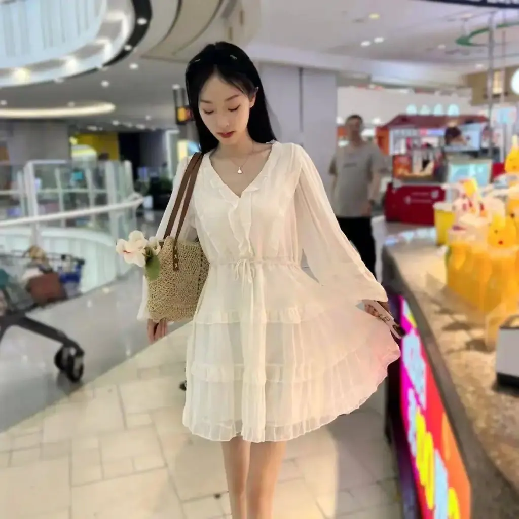 Solid Colour Versatile French Black Dress Summer Women - Beige