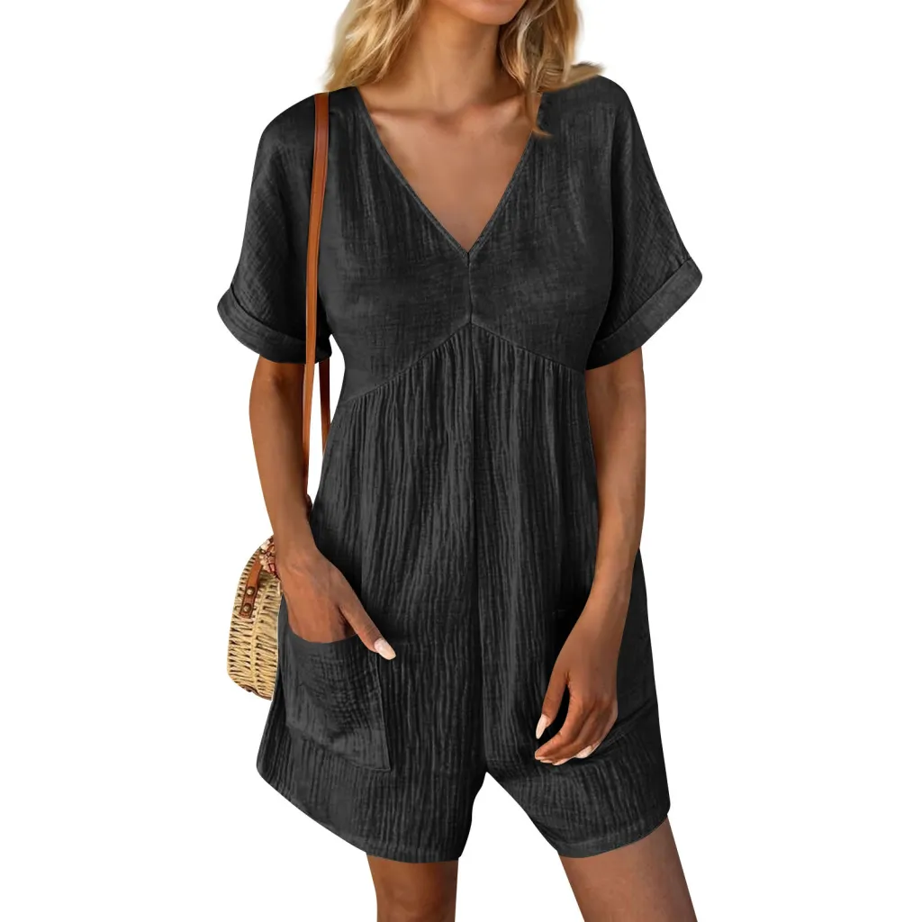 European And American Fashion Solid Colour And V-neck Loose Bat Sleeve Pocket Zipper Short Sleeve Jumpsuit - Black