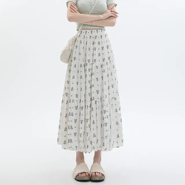 Chiffon Floral Long Dress High Waist Umbrella Skirt A Line Skirt White - Shop at LoveMi