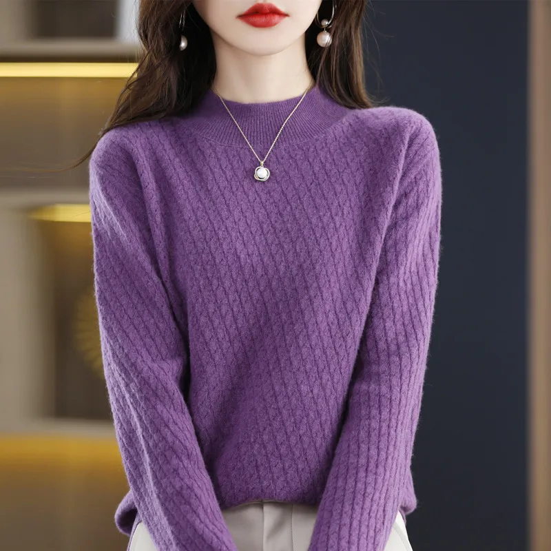 100 Pure Wool Women's Half Turtleneck Knitted Bottoming Shirt Sweater - Dark Purple