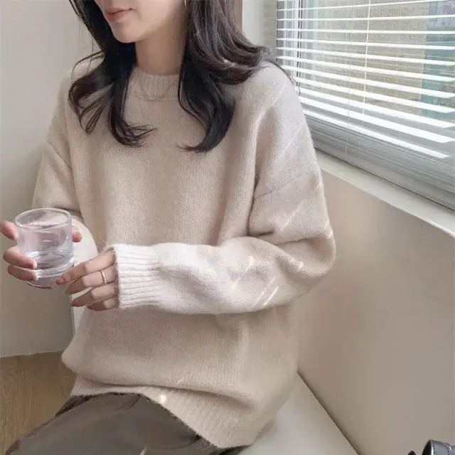 Thickened Loose fitting Crew neck Laid back Style Sweater For Women White - Shop at LoveMi