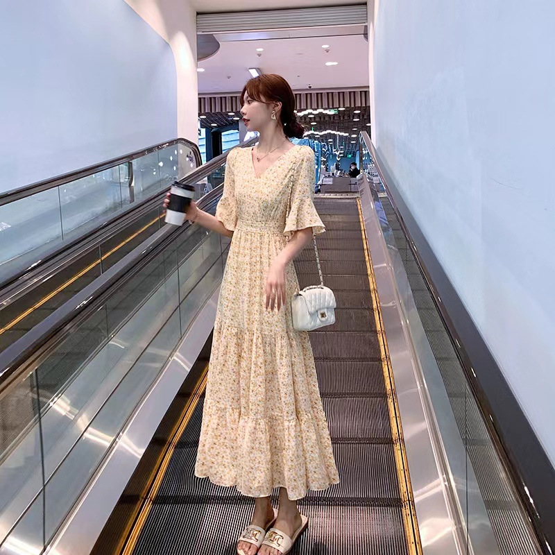 Fitted-waist Printed V-neck Floral Dress