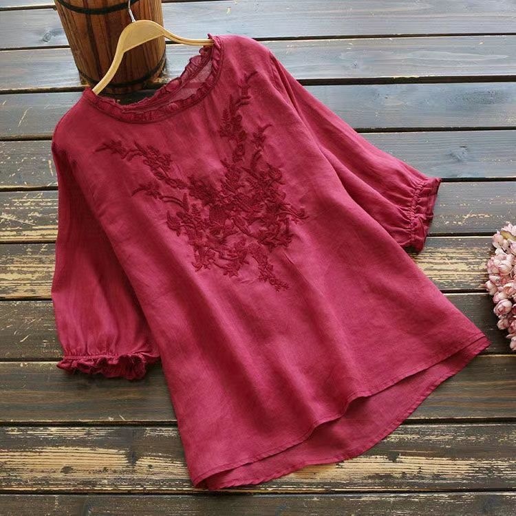 Art Style Short Sleeve T-shirt Female Embroidered Plus Size