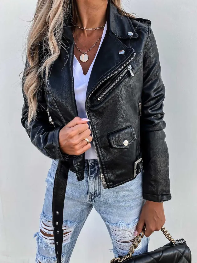 Jacket Top PU Leather Coat Short Zipper Black - Shop at LoveMi