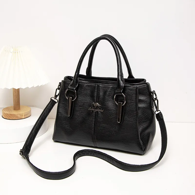 Fashion Large Capacity Women's Crossbody Soft Leather Bag - Black